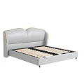 Double Bed With Gray Upholstered Double Backrest Headboard Gold Trim Gray Frame And Wooden Slats