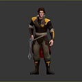 Fantasy Male Character With Brown Hair Dark Coat Yellow Accents And Waist Belt Holding Object