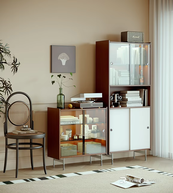 Modern Bookcase With Glass Doors White Cabinets And Books Decorative Storage Items 3d model 