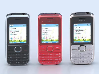 Three Nokia Feature Phones in Black Red Silver with Keypad and Weather Time 3d model