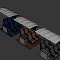 Single Chair Interior in Airplane Cabin With Blue Brown Grey Seats and Trolley