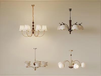Four Different Design Chandeliers With Various Lampshades And Metal Frames 3d model