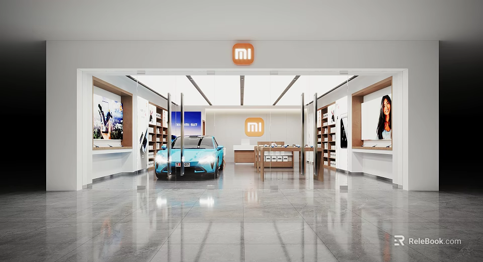 Modern MI Store Interior With Blue Car Display Shelves And Posters 3d model 