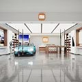 Modern MI Store Interior With Blue Car Display Shelves And Posters 3d model