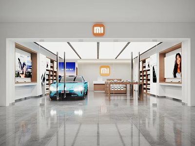 Modern MI Store Interior With Blue Car Display Shelves And Posters 3d model