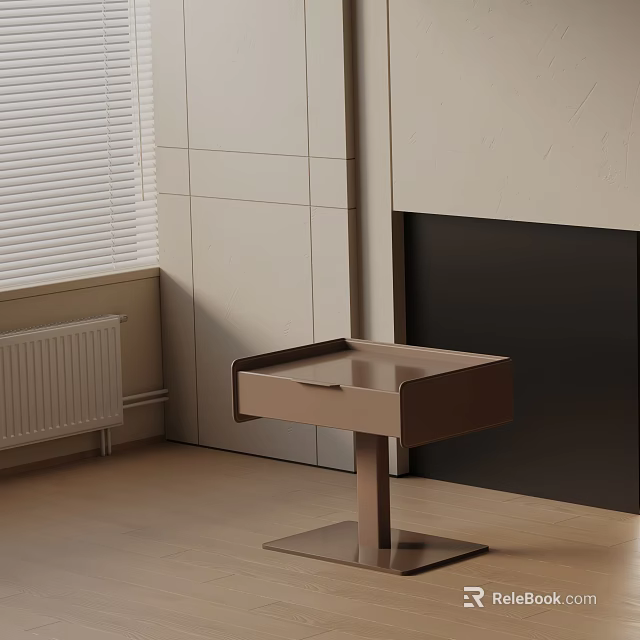 Modern Brown Nightstand In Bedroom Corner With Drawer Metal Stand And Window Blinds 3d model 