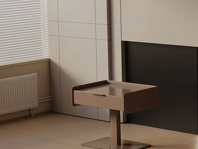 Modern Brown Nightstand In Bedroom Corner With Drawer Metal Stand And Window Blinds 3d model