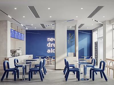 New Dream Restaurant Modern Blue Interior Design With Open Space Coffee Bar And Blue Dining Chairs 3d model