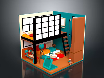 Colorful Kids Bedroom Interior With Bunk Bed Ladder And Playful Decor 3d model