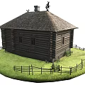 Traditional Wooden Log Cabin With Thatched Roof Wooden Fence And Grass Lawn
