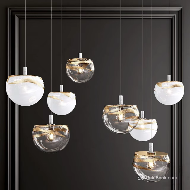 Modern Transparent Glass Sphere Pendant Lights with Gold Accents Hanging Against Dark Wall 3d model 