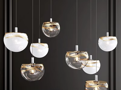 Modern Transparent Glass Sphere Pendant Lights with Gold Accents Hanging Against Dark Wall 3d model