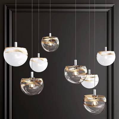 Modern Transparent Glass Sphere Pendant Lights with Gold Accents Hanging Against Dark Wall 3d model
