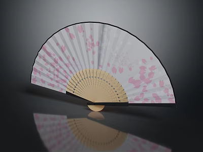 Traditional Handheld Fan With Pink Cherry Blossom Pattern And Light Wood Frame 3d model