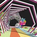 Modern Geometric Pergola Design With Striped Frame Colorful Floor Patterns And Greenery 3d model