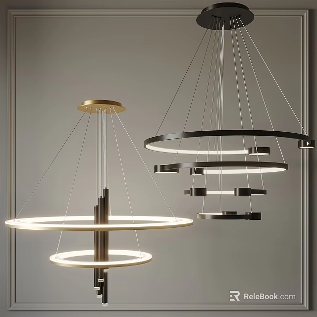 Modern Chandeliers Featuring Multiple Circular Rings And Gold Black Finishes 3d model
