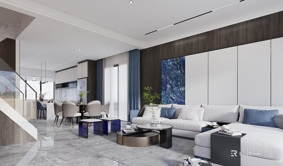 Modern Living and Dining Room Interior Featuring White Sofa Dining Table Blue Artwork and Plants 3d model