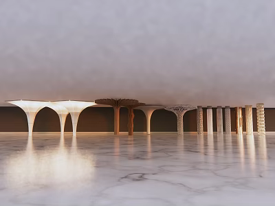 Decorative Columns In Arched Interior With Polished Marble Floor And Soft Lighting 3d model