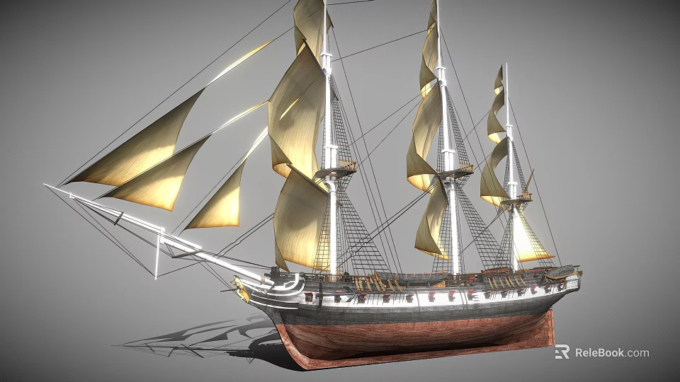 Vintage Wooden Sailing Ship Featuring Multiple Masts Golden Sails And Wooden Hull 3d model 