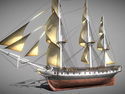 Vintage Wooden Sailing Ship Featuring Multiple Masts Golden Sails And Wooden Hull 3d model