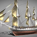 Vintage Wooden Sailing Ship Featuring Multiple Masts Golden Sails And Wooden Hull