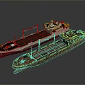 Modern Cargo Ship and Rusted Old Ship Models Displayed on Dark Surface 3d model