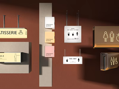 Road Facilities Including Directional Restroom And Bakery Signs In Various Colors 3d model