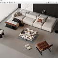 L shaped Beige Sofa with Throw Pillows and Patterned Coffee Table in Modern Living Room