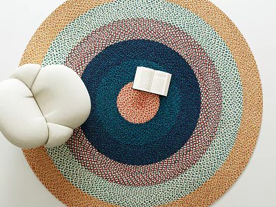 Round Rug With Colorful Layered Design White Cushion And Open Book In Cozy Interior 3d model