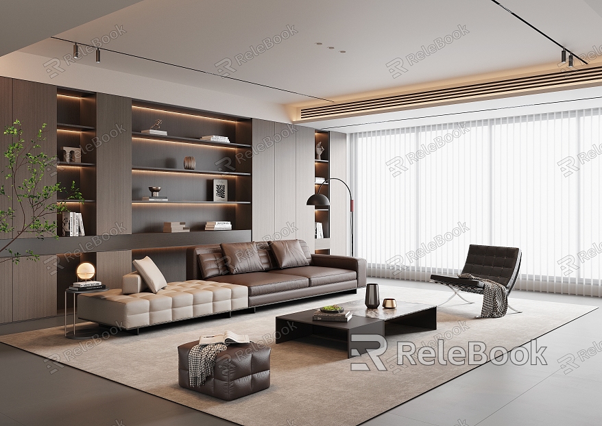 Modern Italian Living Room High-end Grey Living Room Italian Light Luxury Living Room Sofa Combination Leather Sofa Multi-person Sofa Leisure Chair Italian Coffee Table Bookcase Dreamy Curtain model