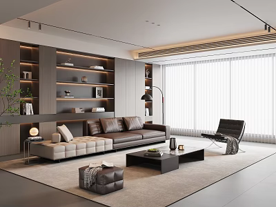 Modern Living Room Interior With Brown Sofa Beige Sectional Built in Bookshelves And Large Window 3d model