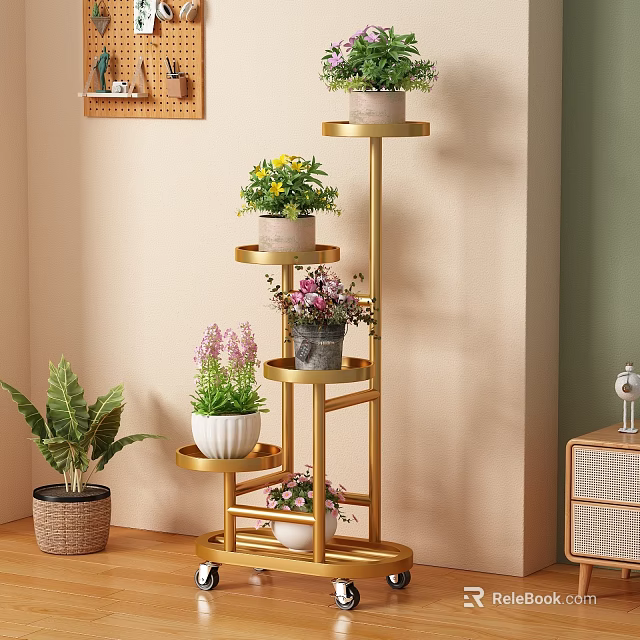 Gold Multi tiered Flower Stand With Potted Plants For Indoor Home Decor 3d model 