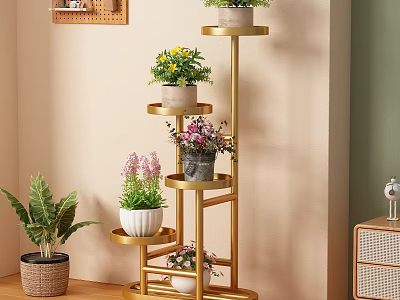 Gold Multi tiered Flower Stand With Potted Plants For Indoor Home Decor 3d model