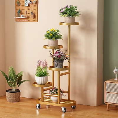 Gold Multi tiered Flower Stand With Potted Plants For Indoor Home Decor 3d model