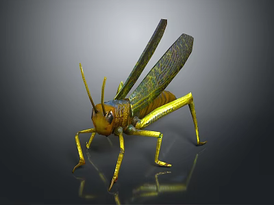 Detailed 3D Rendered Grasshopper With Yellow Green Body And Shiny Wings On Dark Background 3d model