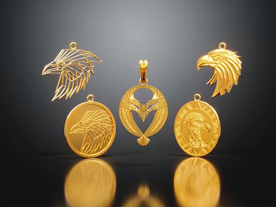 Gold Eagle Head Jewelry Pendants With Round And Heart Shaped Designs 3d model