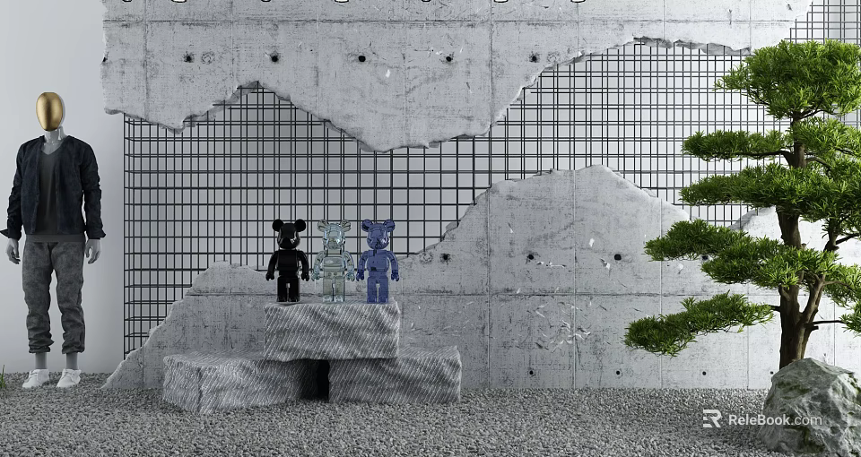 Garden Decor With Bear Figurines On Stone Blocks Against Concrete Wall Grid And Green Tree 3d model 