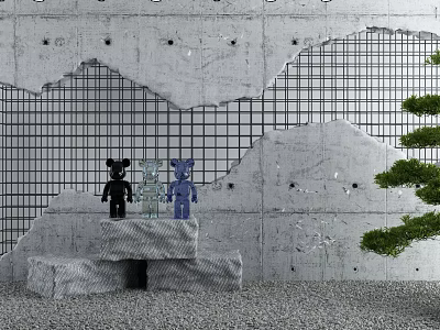 Garden Decor With Bear Figurines On Stone Blocks Against Concrete Wall Grid And Green Tree 3d model
