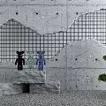 Garden Decor With Bear Figurines On Stone Blocks Against Concrete Wall Grid And Green Tree