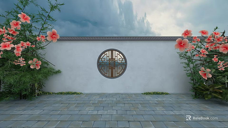 Traditional Chinese Garden Scene With White Wall Circular Window Pink Flowers And Stone Pavement 3d model 