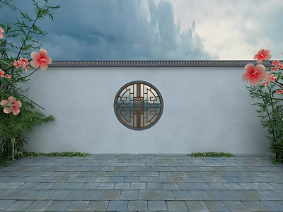 Traditional Chinese Garden Scene With White Wall Circular Window Pink Flowers And Stone Pavement 3d model