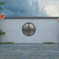 Traditional Chinese Garden Scene With White Wall Circular Window Pink Flowers And Stone Pavement