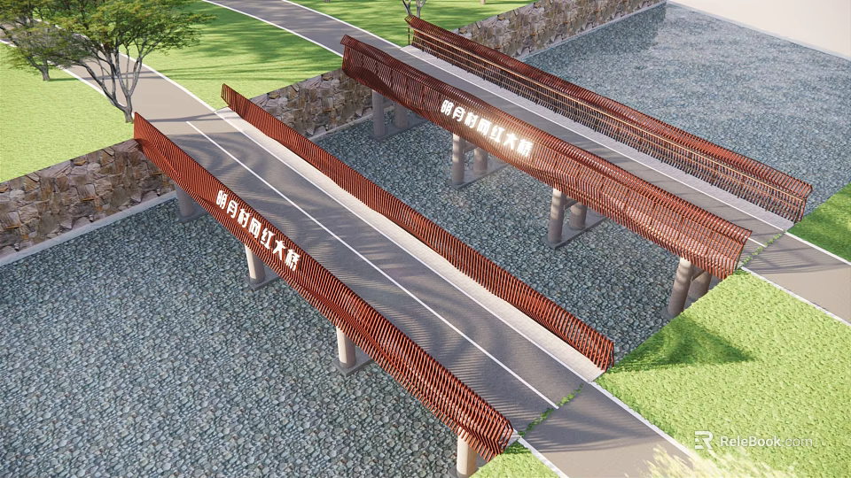 Red Landscape Bridges Over Water With Green Grass And Stone Paths 3d model