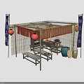 Traditional Japanese Bamboo Pavilion With Red Lanterns Blue Banners Bamboo Walls And Benches