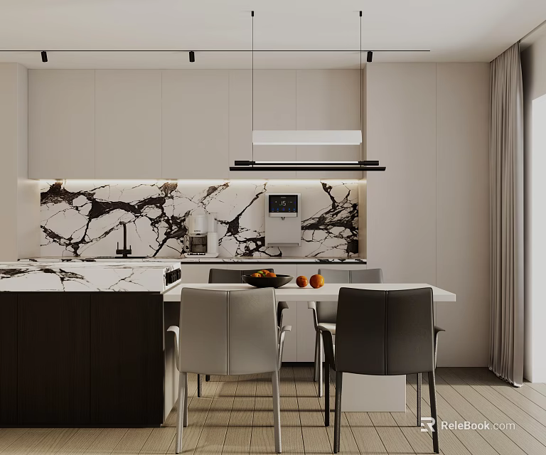 Modern Open Kitchen Dining Area With Marble Countertop Cabinets And Dining Table 3d model 