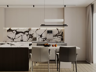 Modern Open Kitchen Dining Area With Marble Countertop Cabinets And Dining Table 3d model