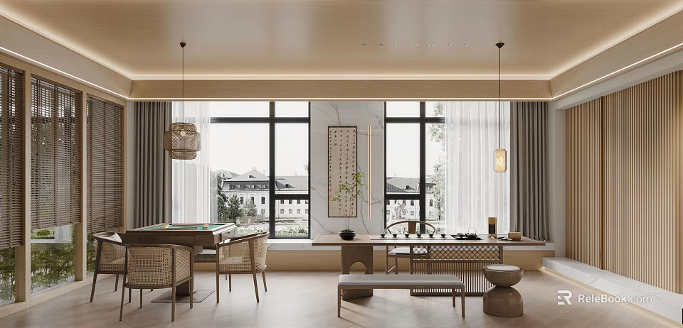 Elegant Traditional Hotel Mahjong Room Interior with Wooden Furniture Large Windows and Hanging Lanterns 3d model 