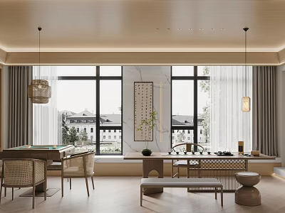 Elegant Traditional Hotel Mahjong Room Interior with Wooden Furniture Large Windows and Hanging Lanterns 3d model