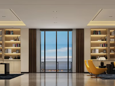 Modern Office Interior Design With Large Windows Built-in Bookshelves And Yellow Armchair 3d model