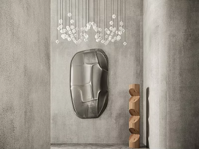 Contemporary Silver Irregular Wall Decor On Concrete Wall With Hanging Pendant Lights And Wooden Decor 3d model